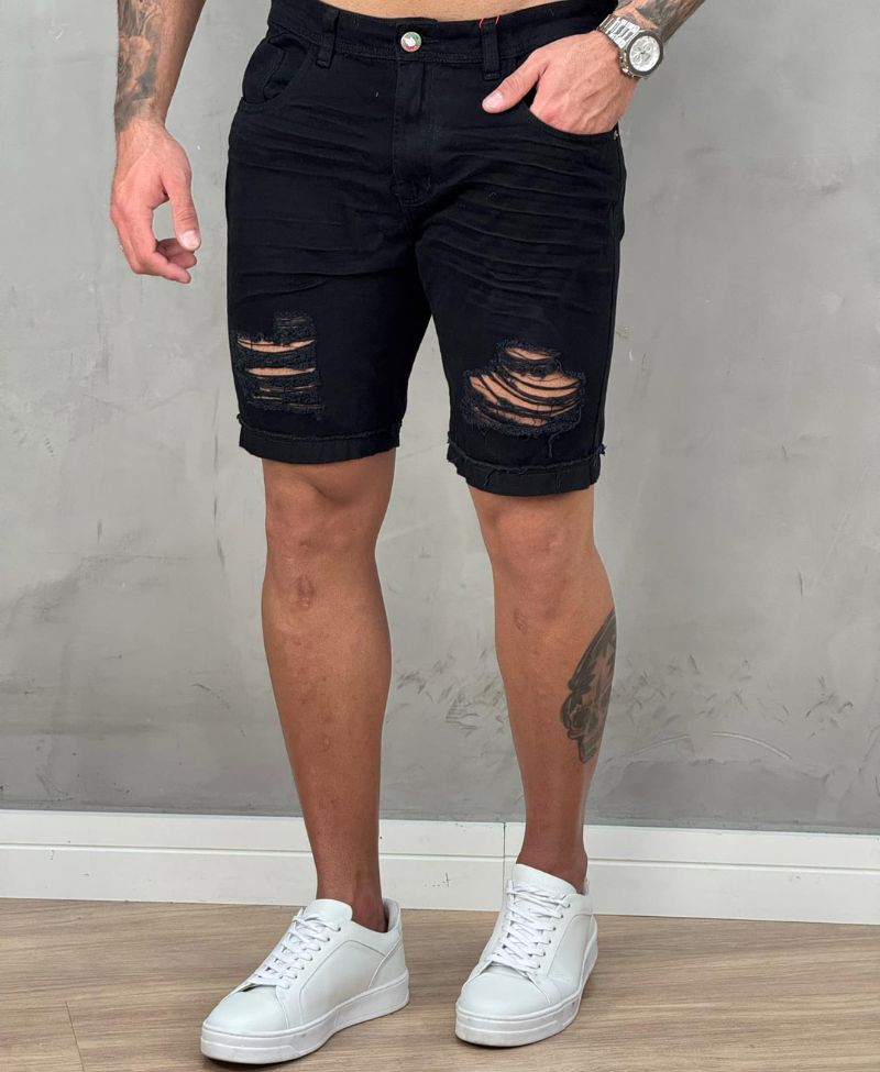 Bermuda Jeans Negra Masculina Destroyed - City Denim 86