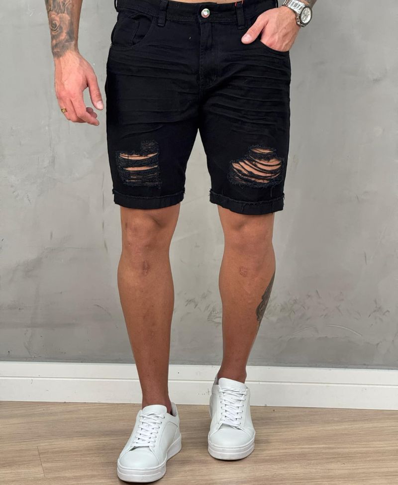 Bermuda Jeans Negra Masculina Destroyed - City Denim 86